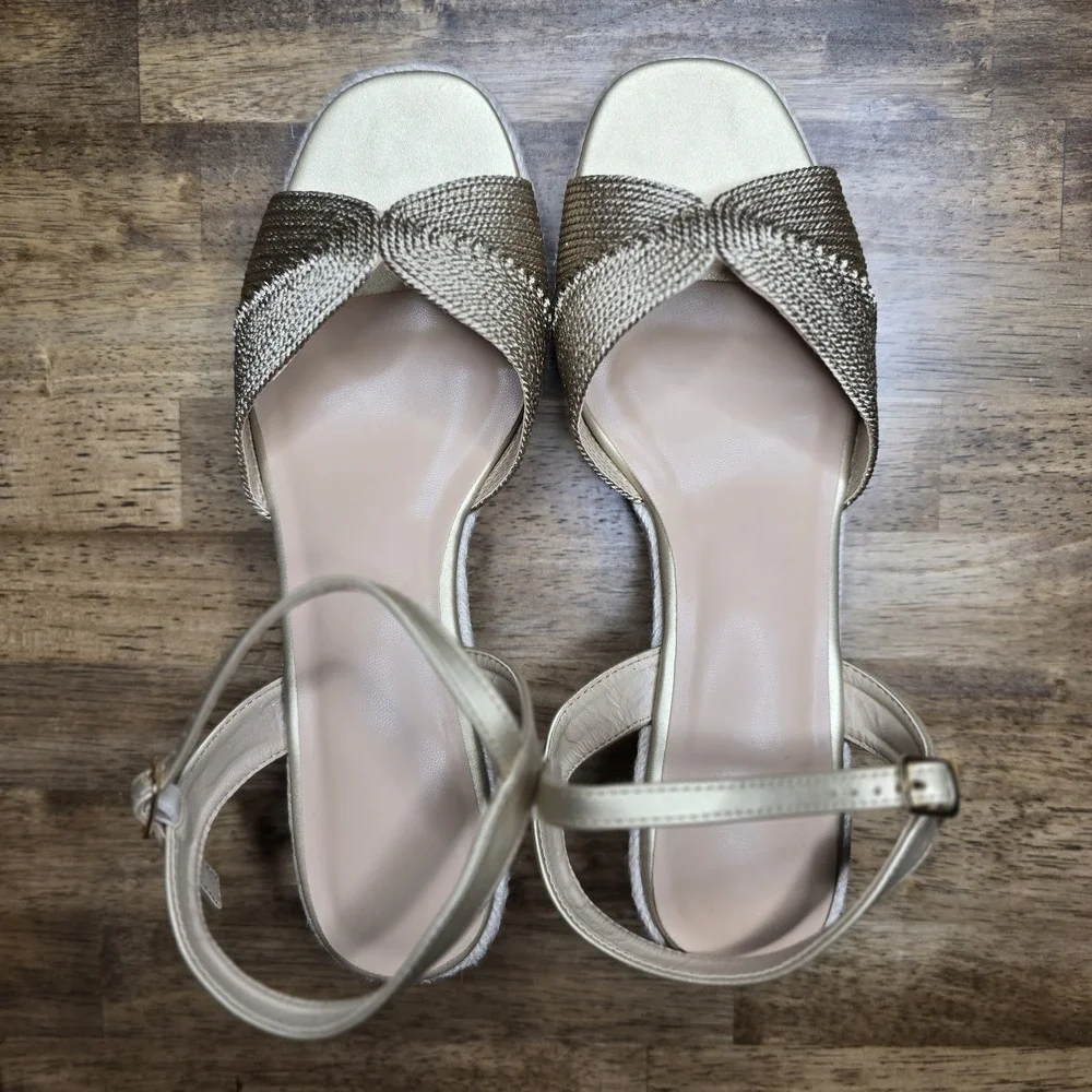 Women's Espadrille Wedge Sandals 9.5 Ankle Strap Open Toe Champagne NWOB
